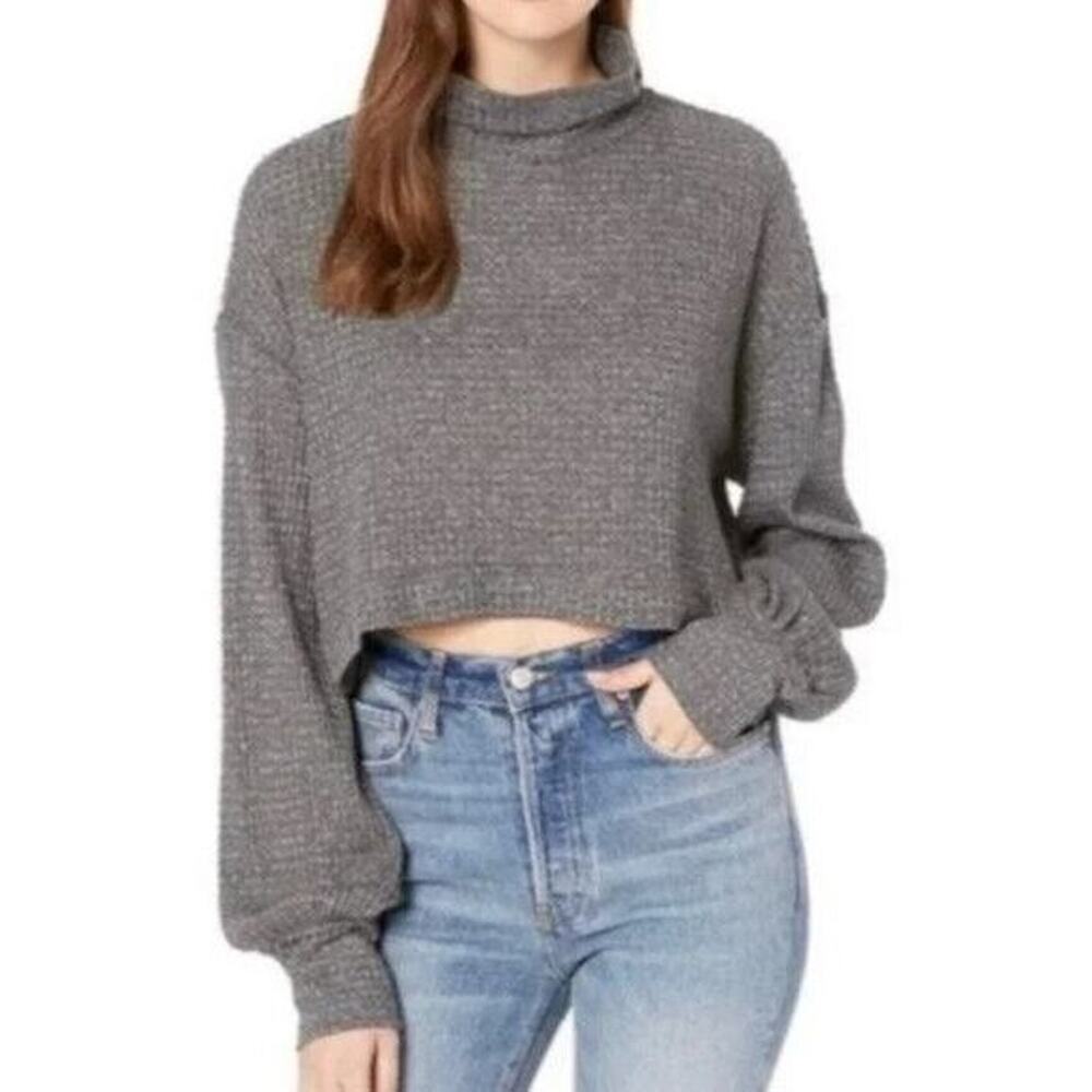 Free People BK Waffle Knit Crop Thermal Boho Lagenlook Oversized M Thumb Holes